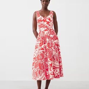 Red abstract floral corset drop waist poplin cotton dress